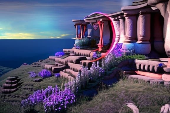 Neon-Lit Art Nouveau Ruins at Night