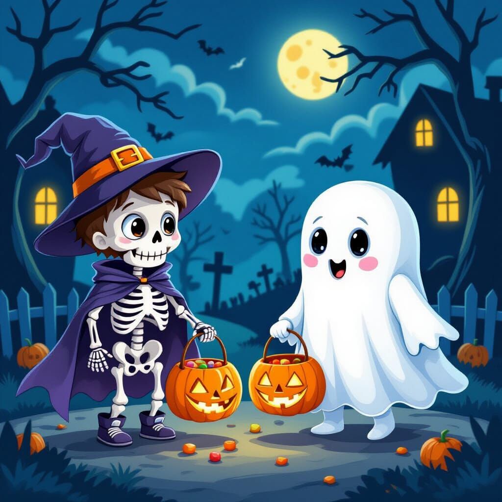 Skeleton Kids Trick-or-Treating with Cute Ghost