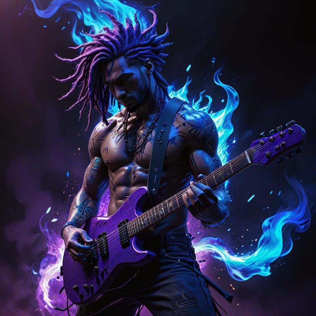 Muscular Manga Guitarist in Blue Flames