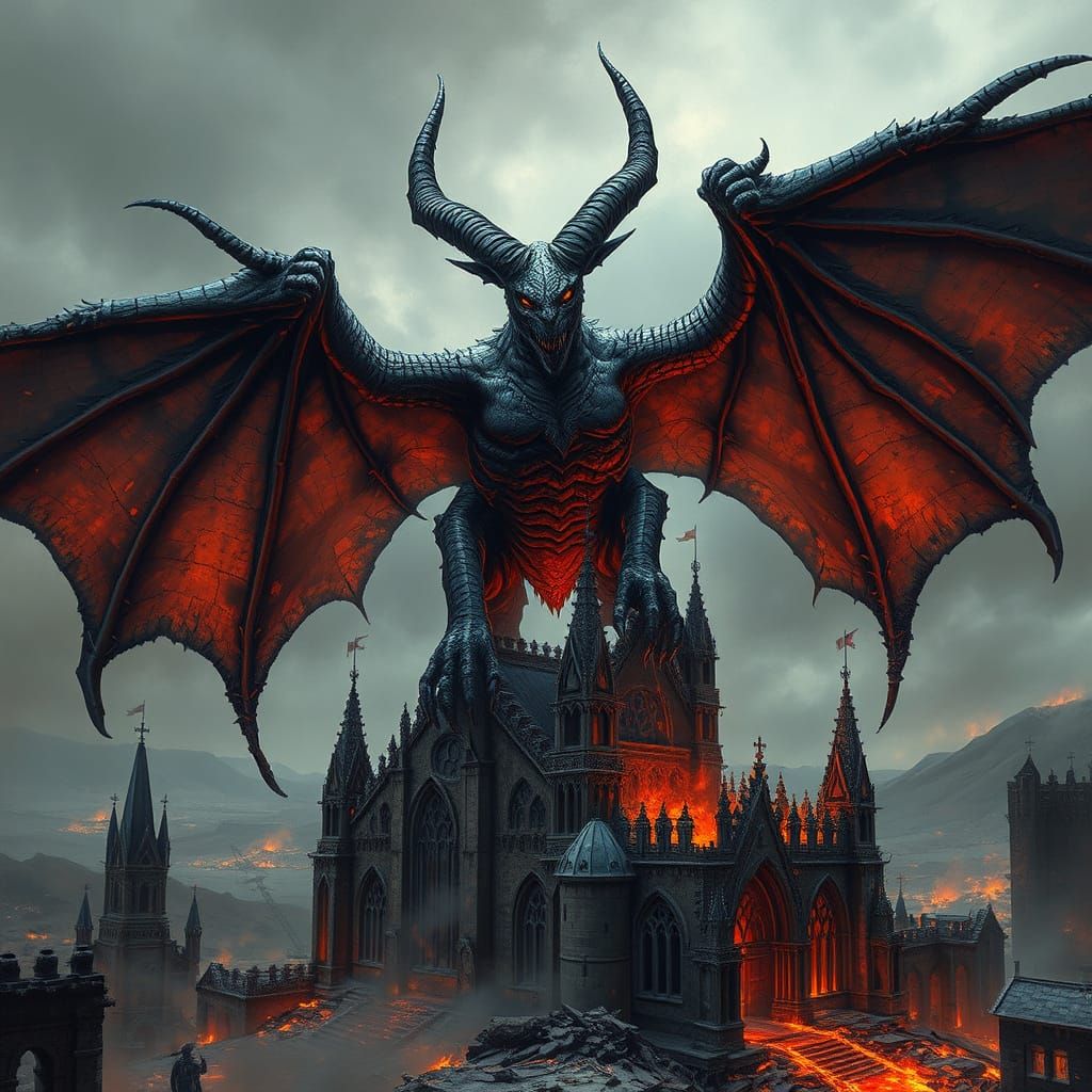 Colossal Demon Surveys Ruined Cathedral in Dark Metal Style