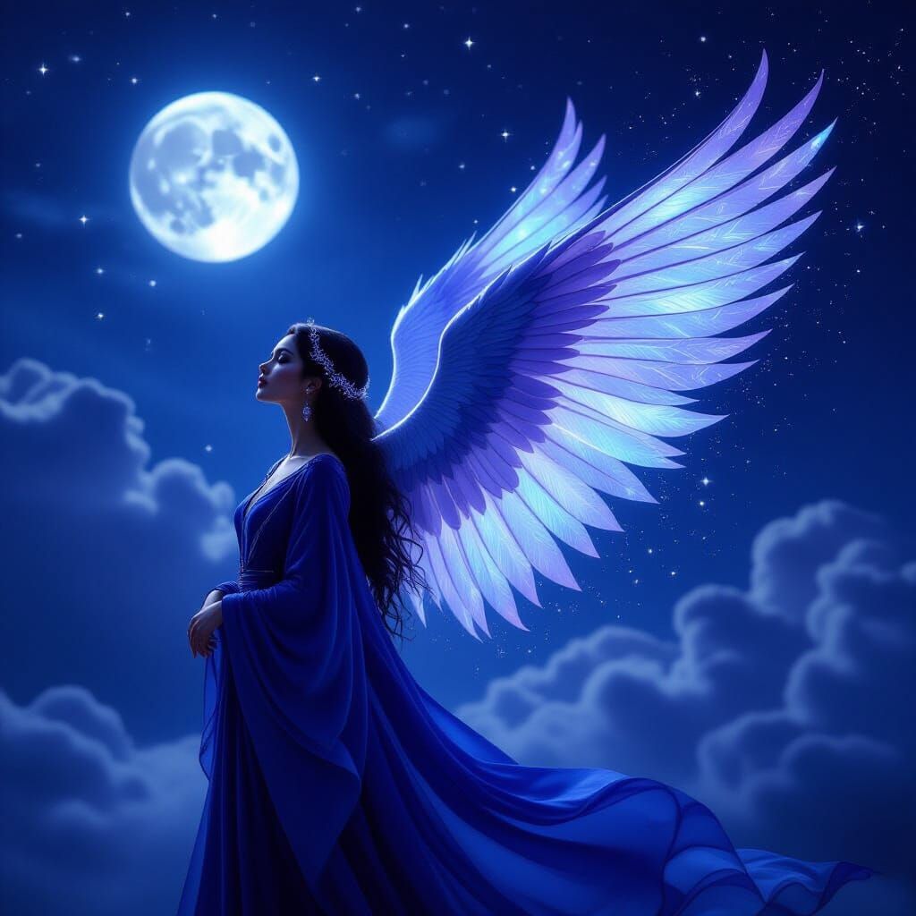 Ethereal Woman with Pearlescent Wings Under Starlit Sky