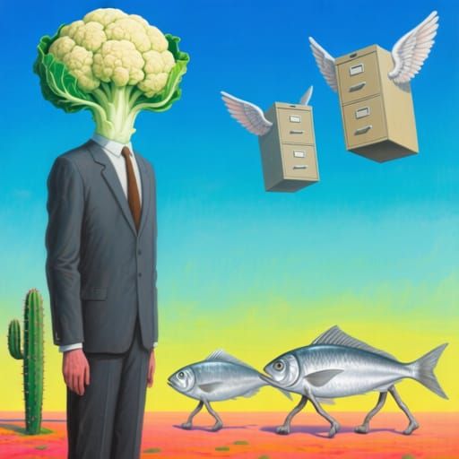 Surreal Man with Cauliflower Head and Flying Filing Cabinets