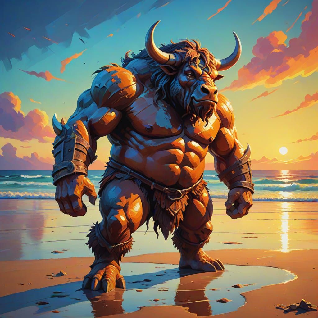 Shaggy Fat Minotaur on Beach at Sunset