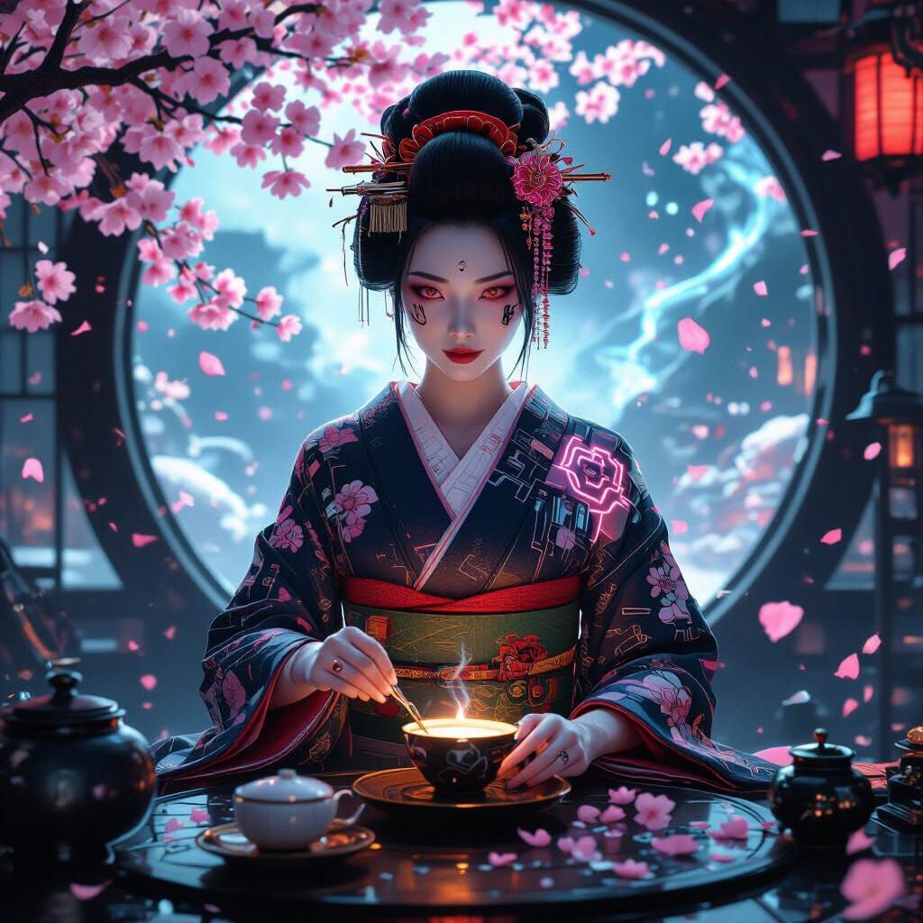 Cyberpunk Geisha Tea Ceremony in Zero-Gravity, Futuristic St...