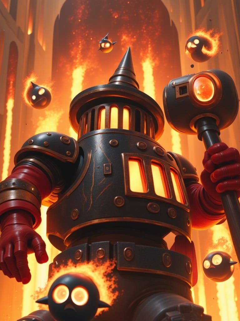 Furnace Knight Battles in a Fiery Landscape