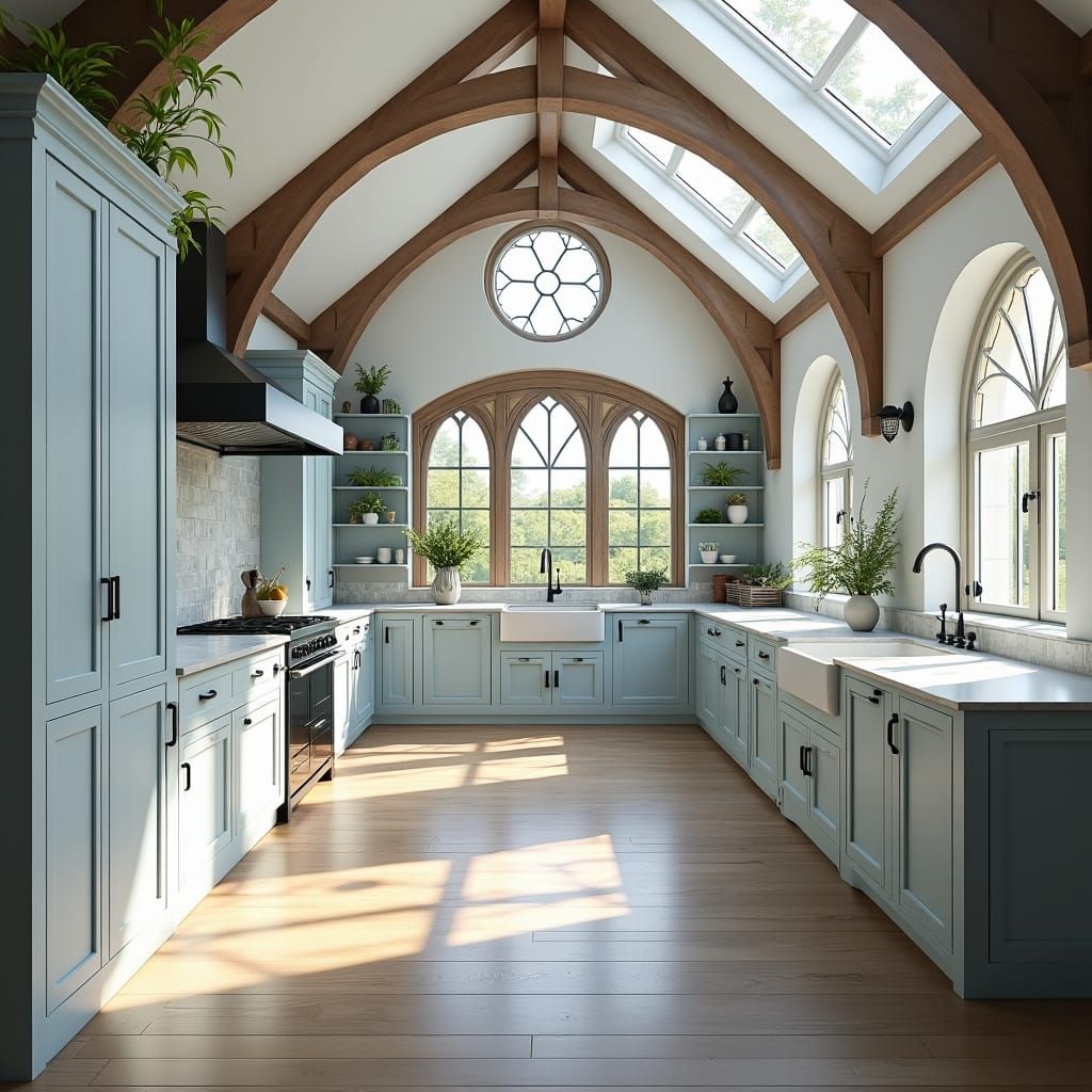 Grand Modern Tudor Kitchen with Arched Skylight