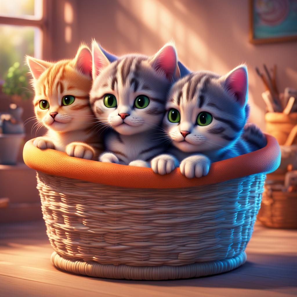 Sleeping Kittens in Basket: Pixar-Style 3D Art