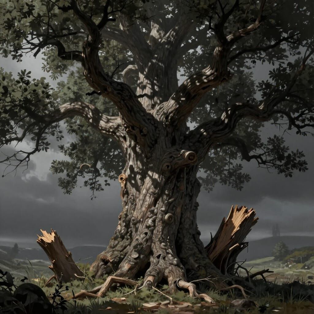 Ancient Tree Guardian Snaps in Storm Digital Matte Painting