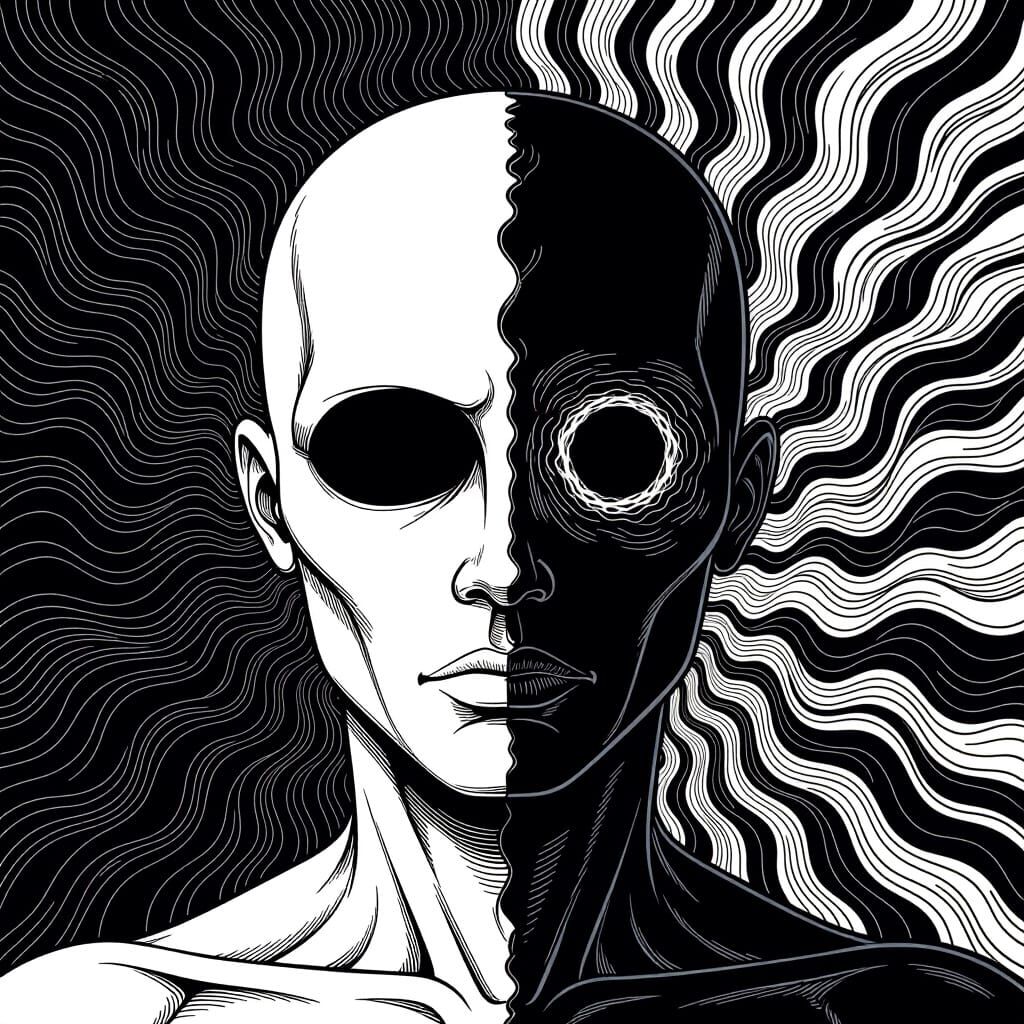 Dual-Toned Humanoid Illustration in Bold Comic Style