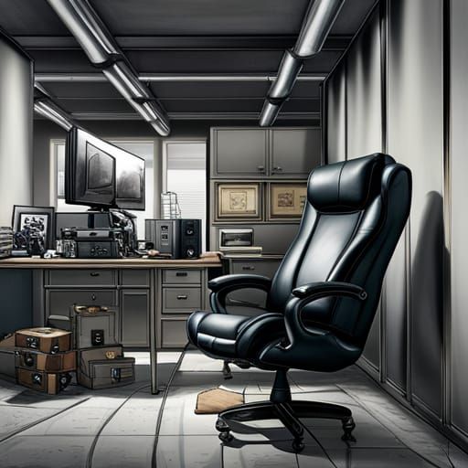 HR Giger Style Gaming Chair in Overcrowded Office