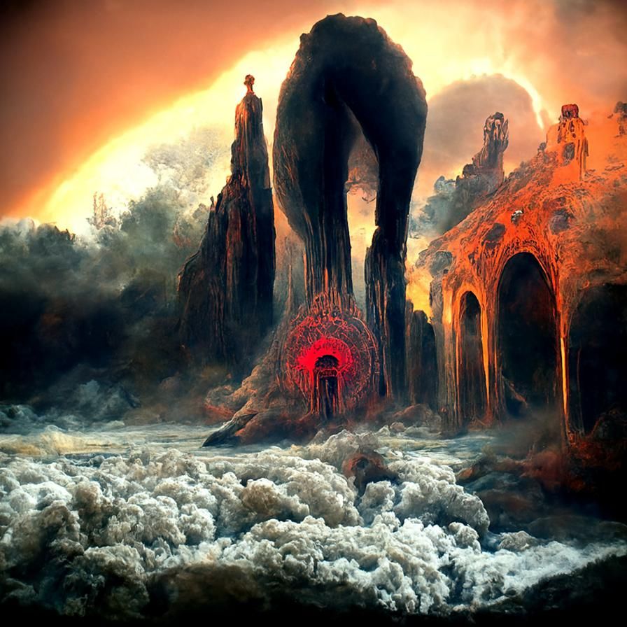 Biblical Horror Landscape in Kinetic Pointillism