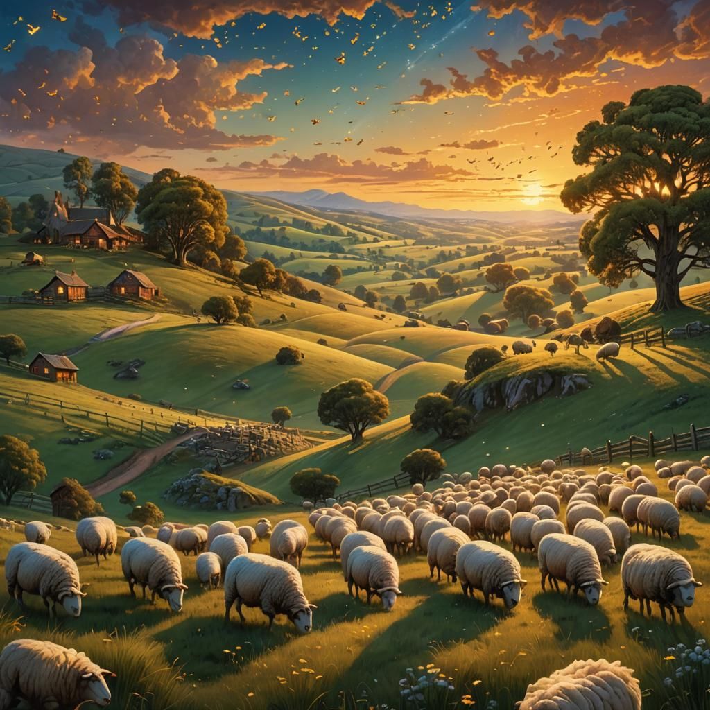 Dreamlike Countryside Sunset with Grazing Sheep