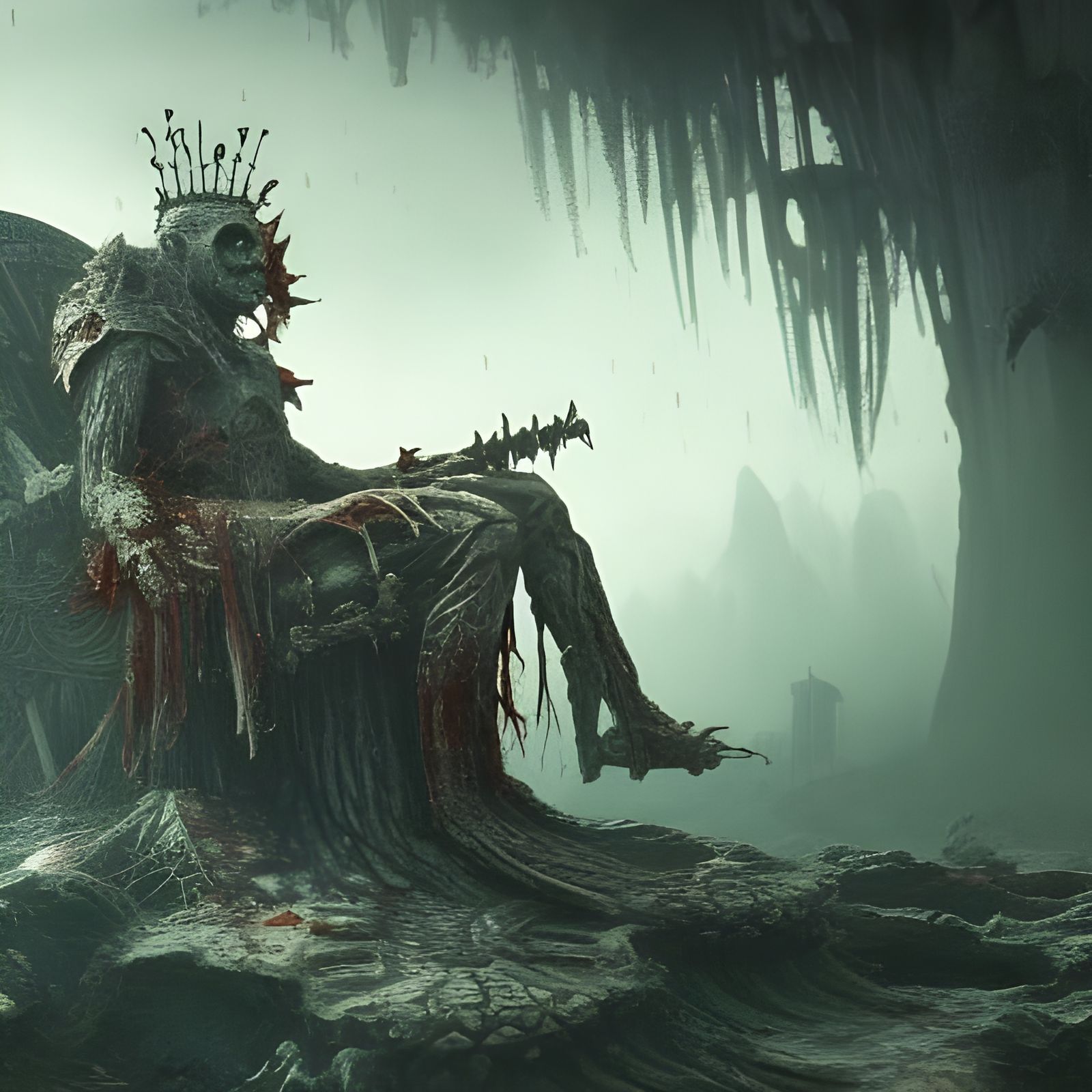 Zombie Warrior King on Skull Throne: Detailed Matte Painting