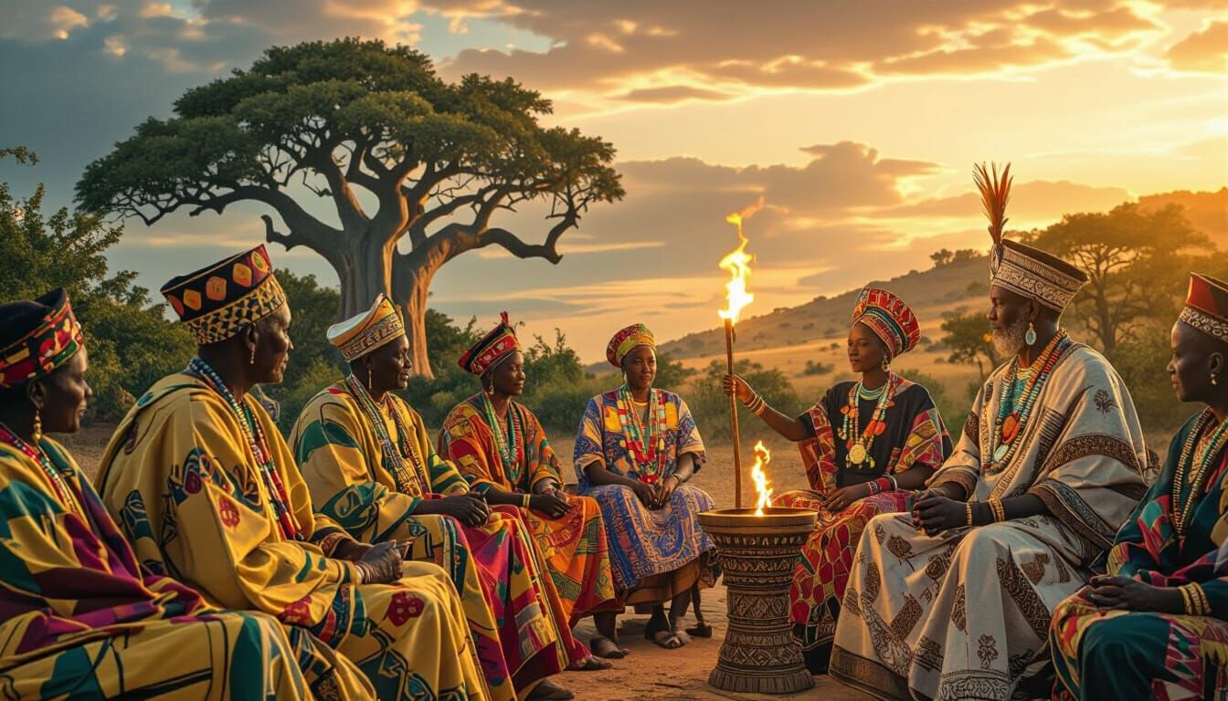 African Elders Council Under Baobab Tree at Twilight