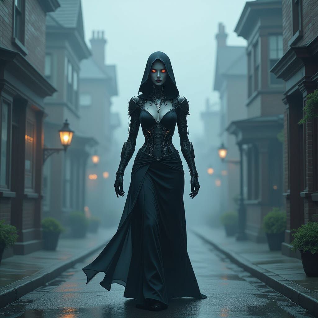 Spectral Cyborg Woman in Foggy Victorian Street