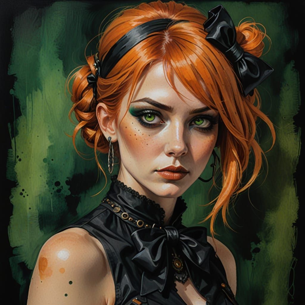 Steampunk Woman with Orange Hair as Gouache Painting