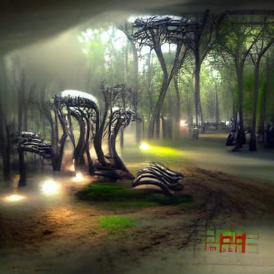 Park Forest in H.R. Giger Style with Volumetric Lighting
