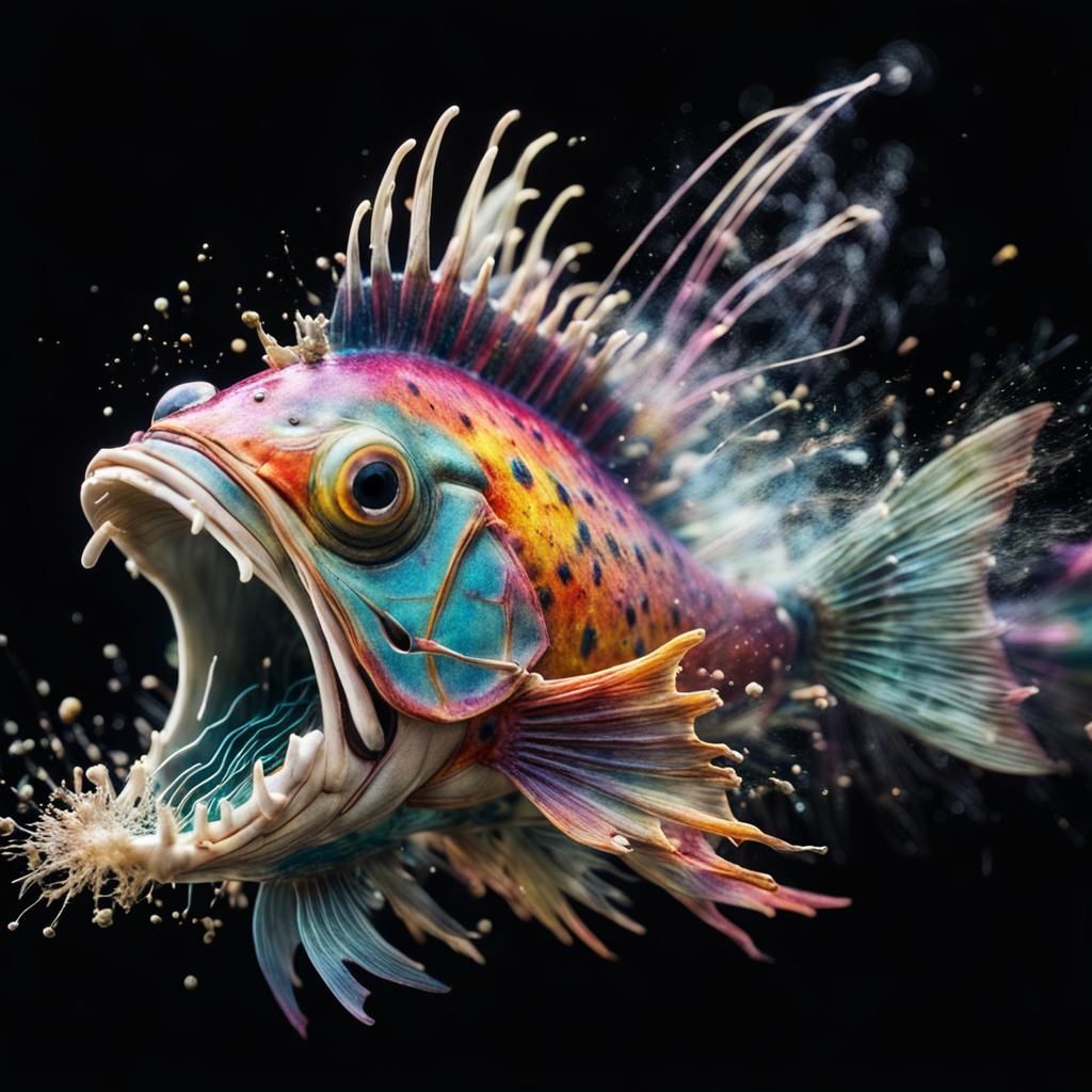 Colorful Ancient Fish Exploding on Meadow