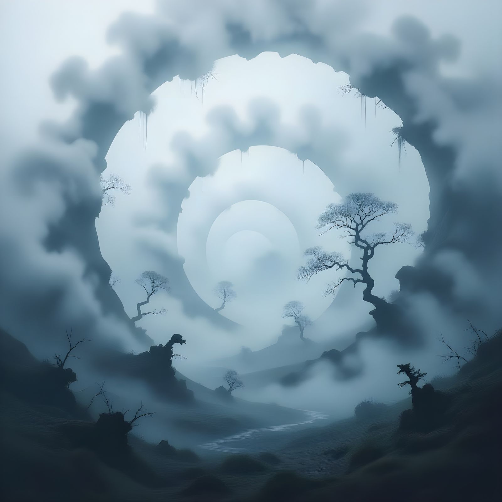 Surreal Fog Landscape with Arches and Phantom Trees