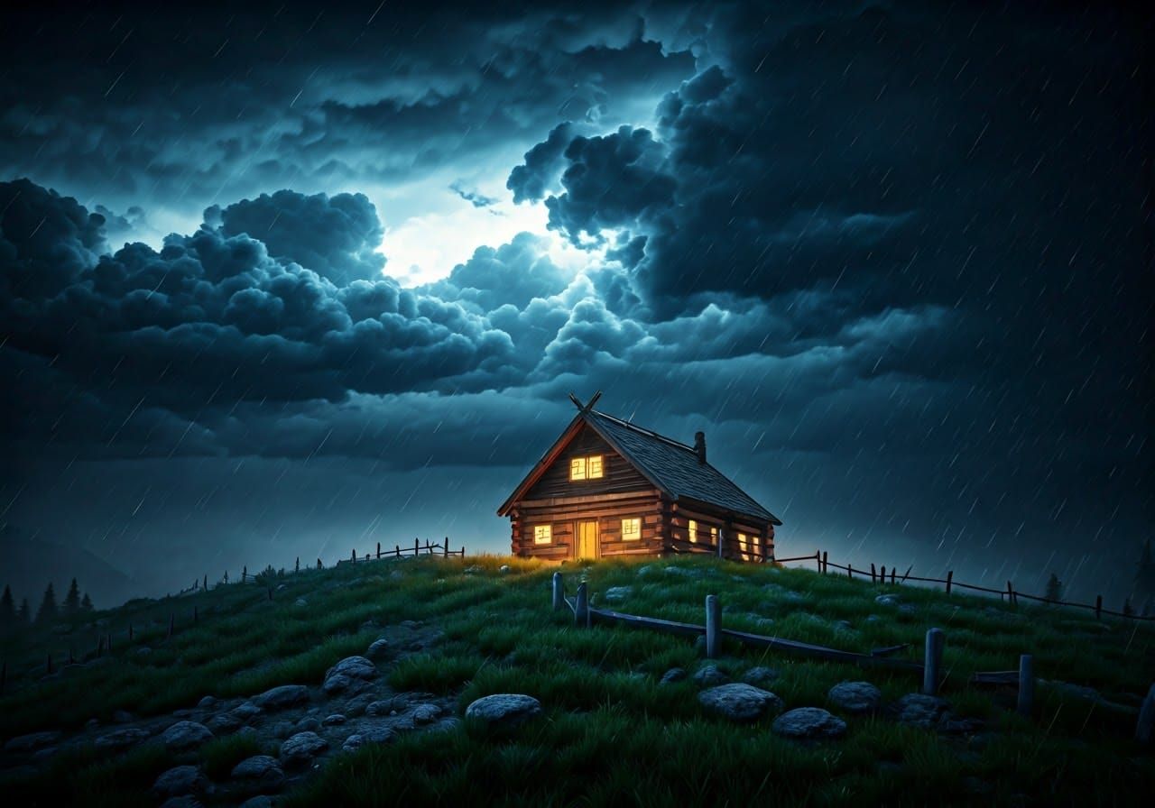 Serene Wooden Cabin Amidst Turbulent Stormy Skies