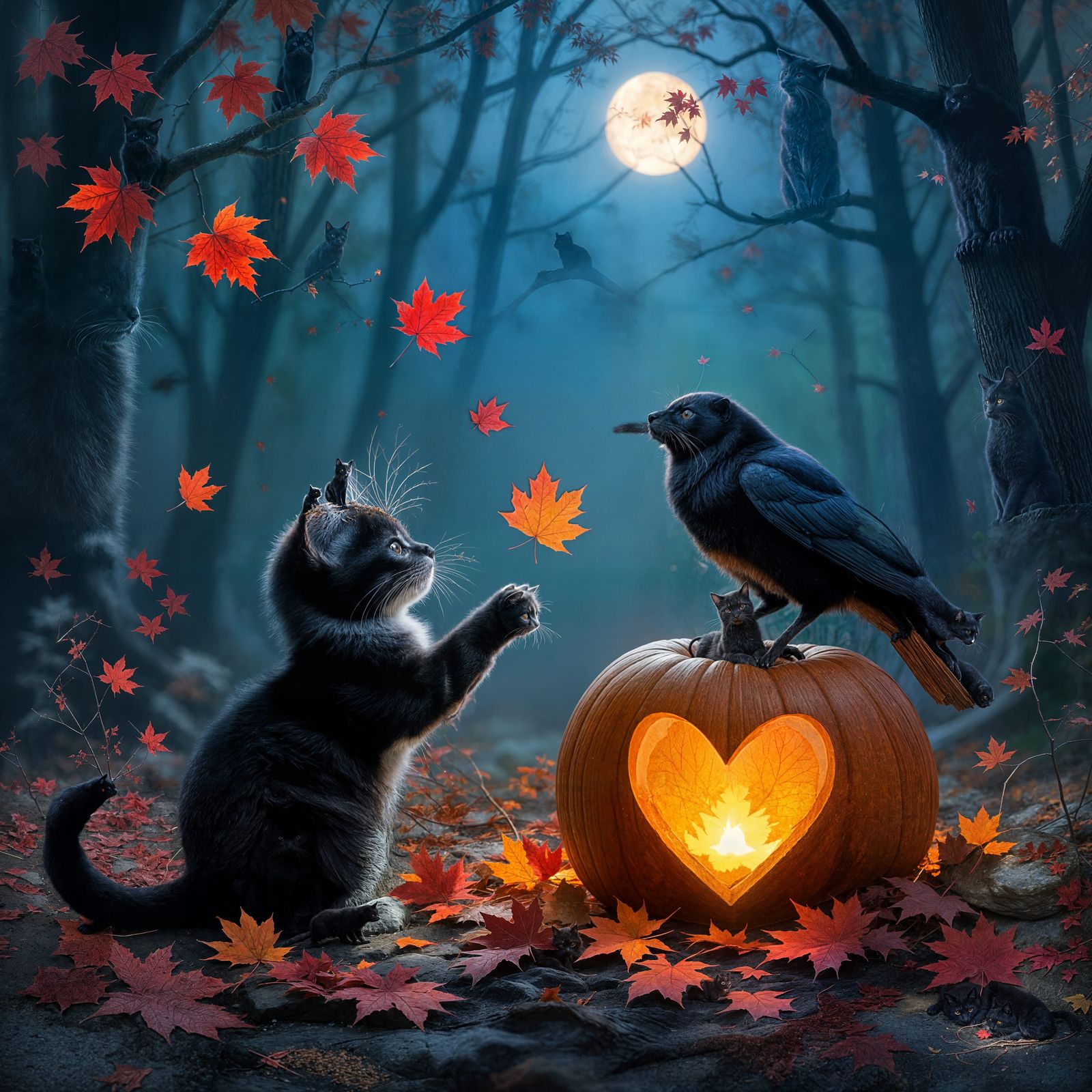Black Kitten Plays in Autumn Forest with Raven on Pumpkin
