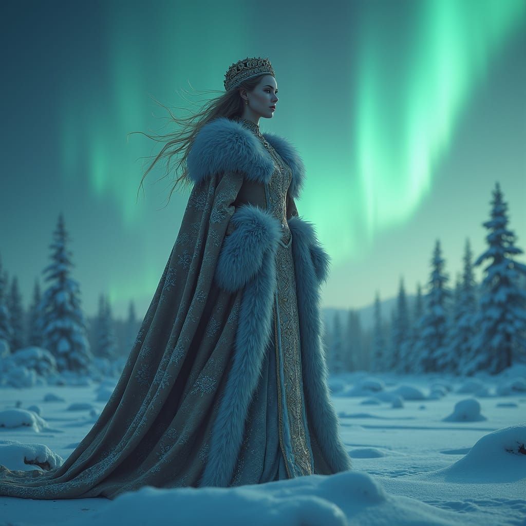 Siberian Princess on Tundra Under Aurora Borealis