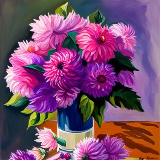 Purple Dahlias Bouquet in Gouache Watercolor Style