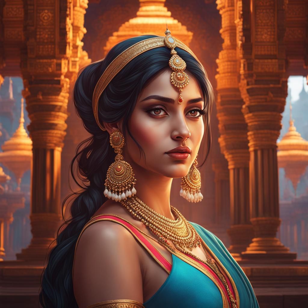 Beautiful Girl in Hindu Temple: Hyperdetailed Portrait
