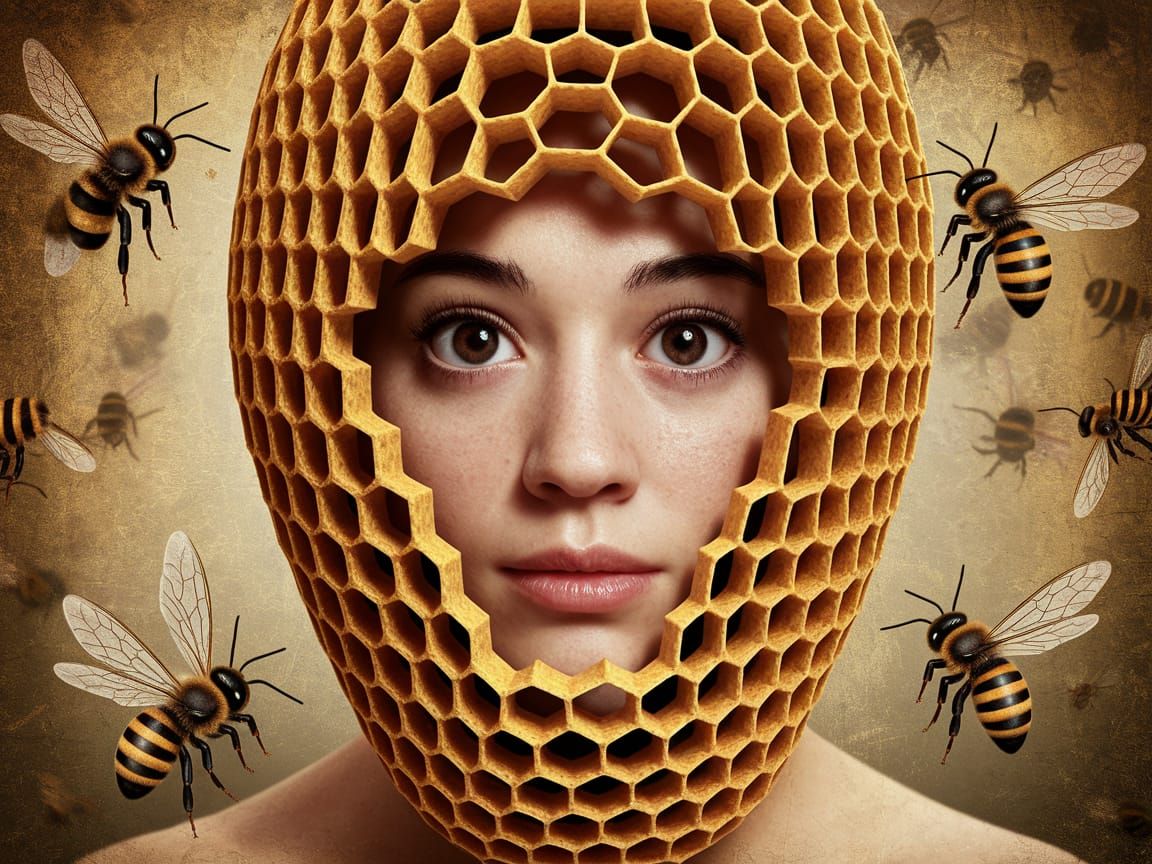Surreal Portrait of a Person with a Honeycomb Head in a Drea...