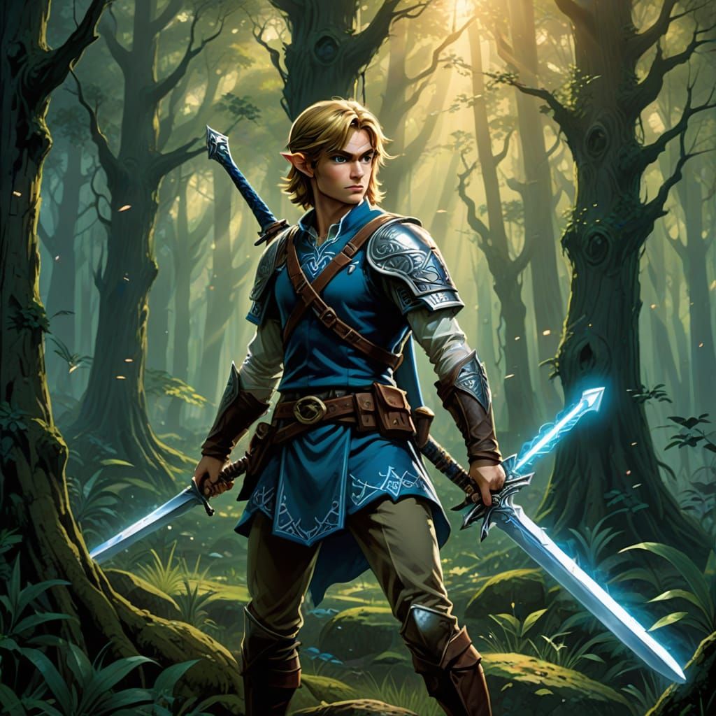Heroic Link Wields the Master Sword in a Glowing Forest