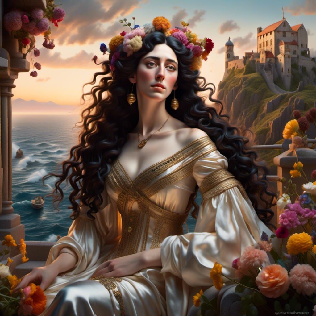 Sad Grecian Maiden Portrait with Flowers and Pearls