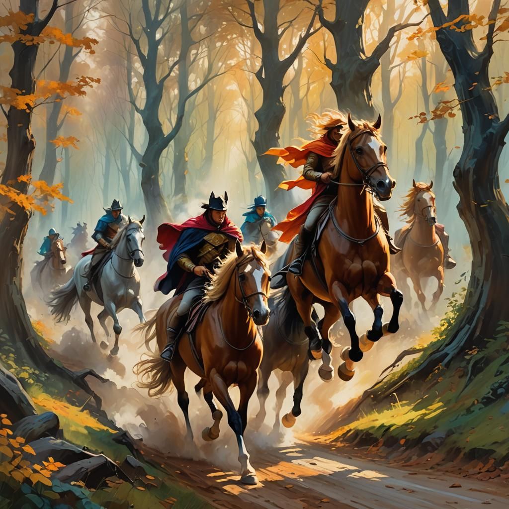 Mystical Forest Horse Race in Vibrant Oil Painting