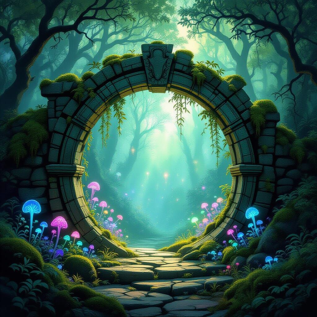 Mystical Forest Portal Shimmers with Iridescent Light