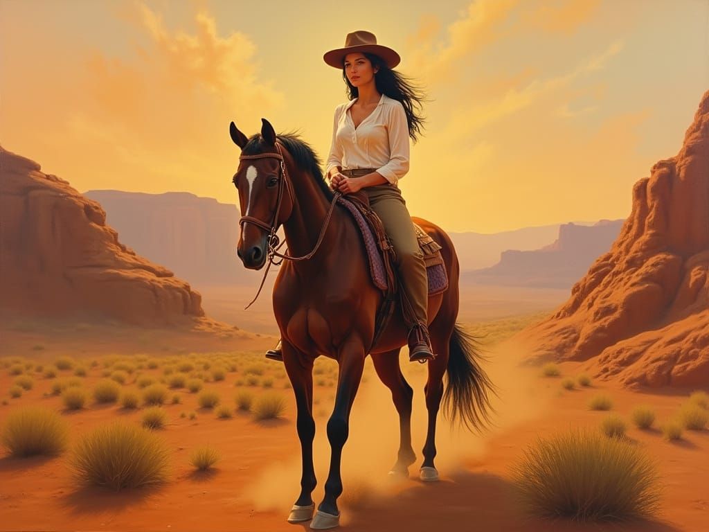 Photorealistic Oil Painting of Woman Riding Horse in Desert
