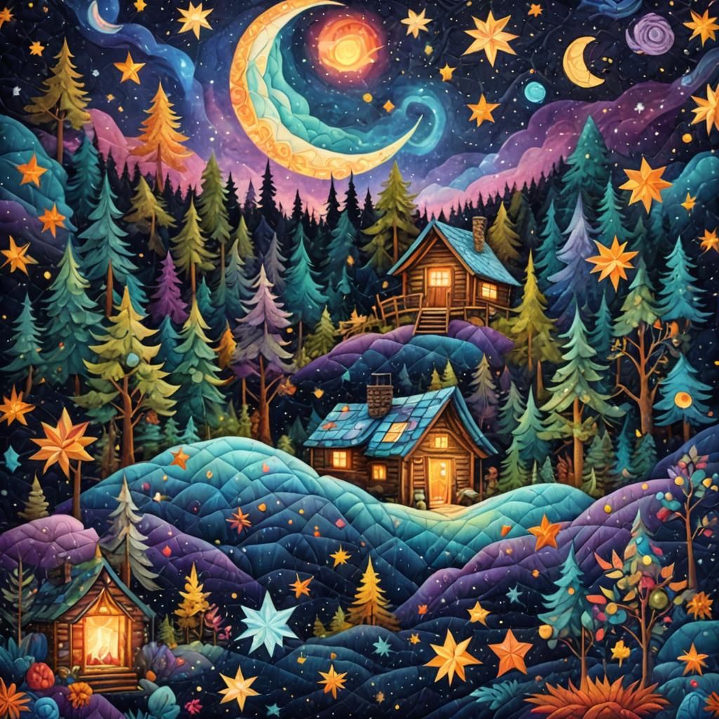 Quilted Cabin Under Starry Night Sky