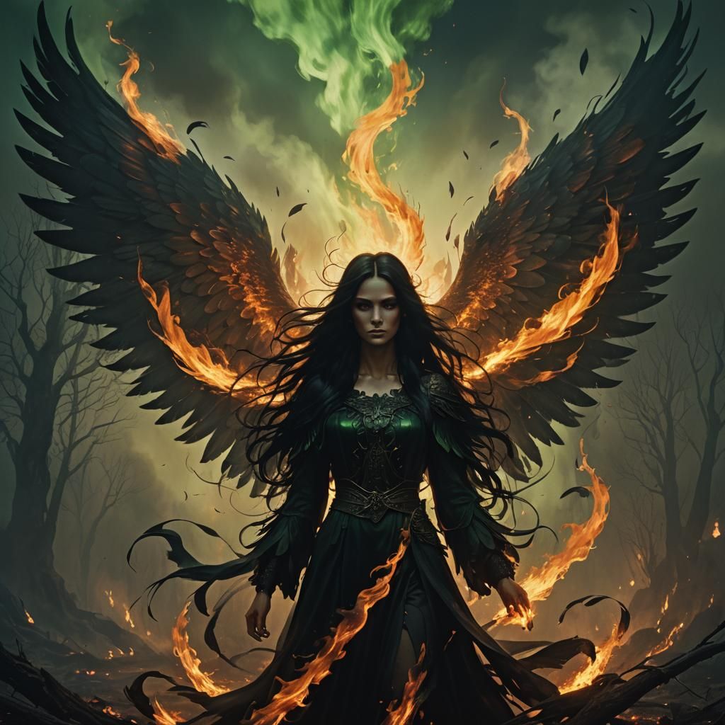 Fiery Dark Angel in Ominous Landscape