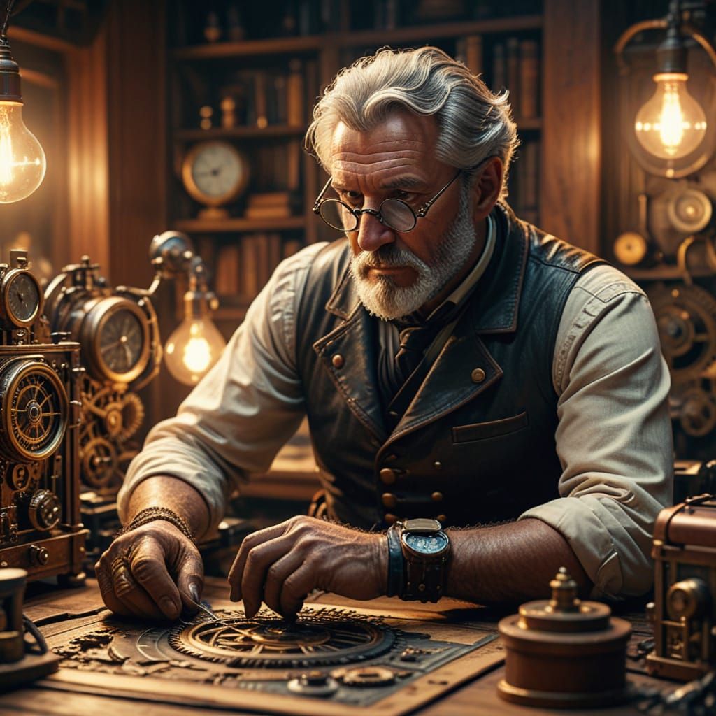 Steampunk Inventor in Industrial Workshop