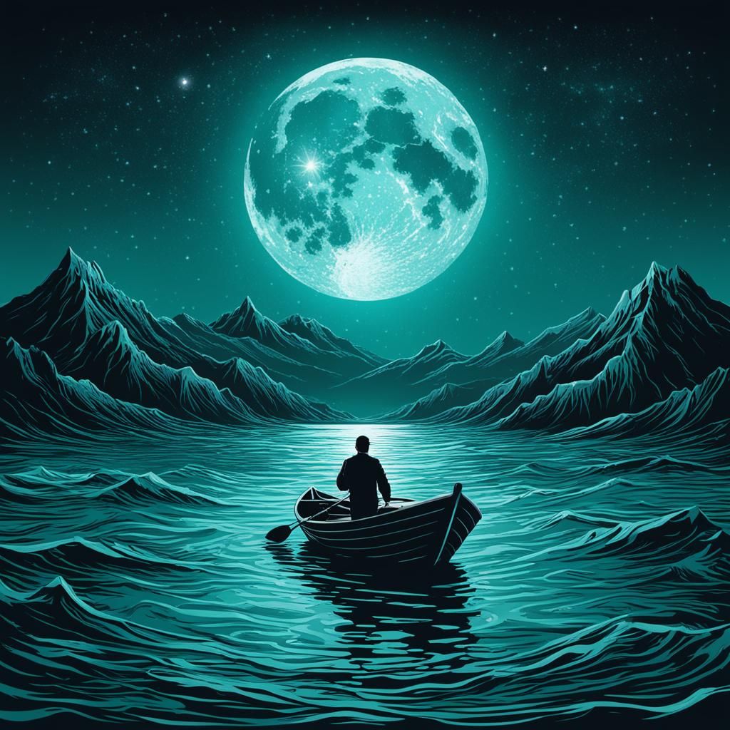 Moonlit Boat on Aqua Waves