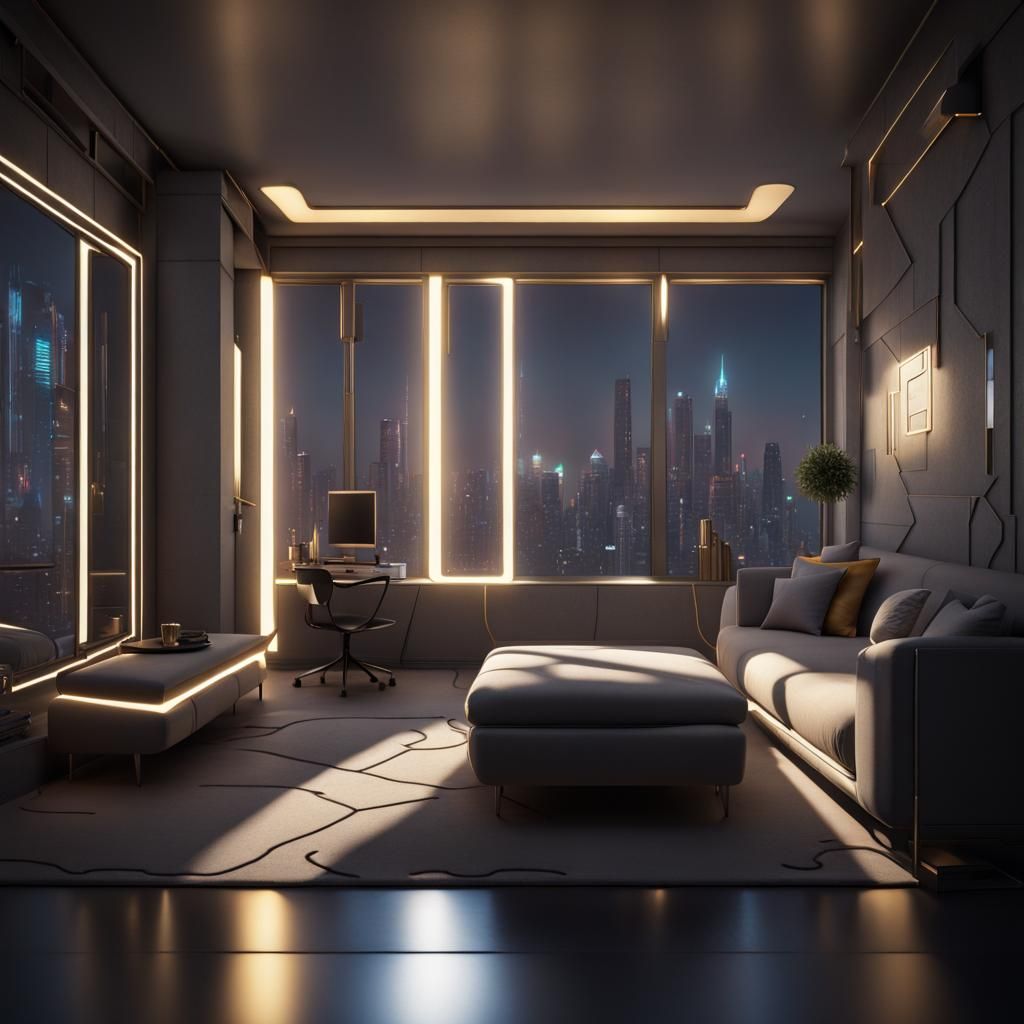 Cyberpunk Apartment with Geometric Furniture and Gold Lights