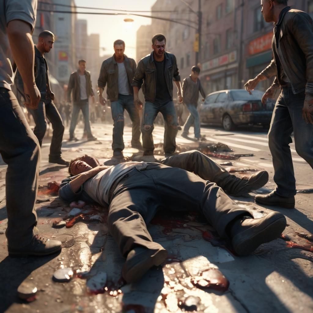 A man being physically beat up and knocked on the ground by a gang of 5 people in a city street in the late afternoon