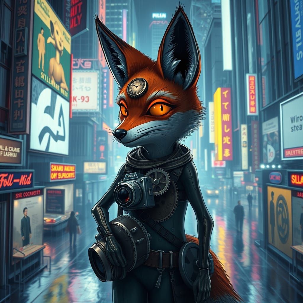 Clockwork Fox in Cyberpunk Cityscape