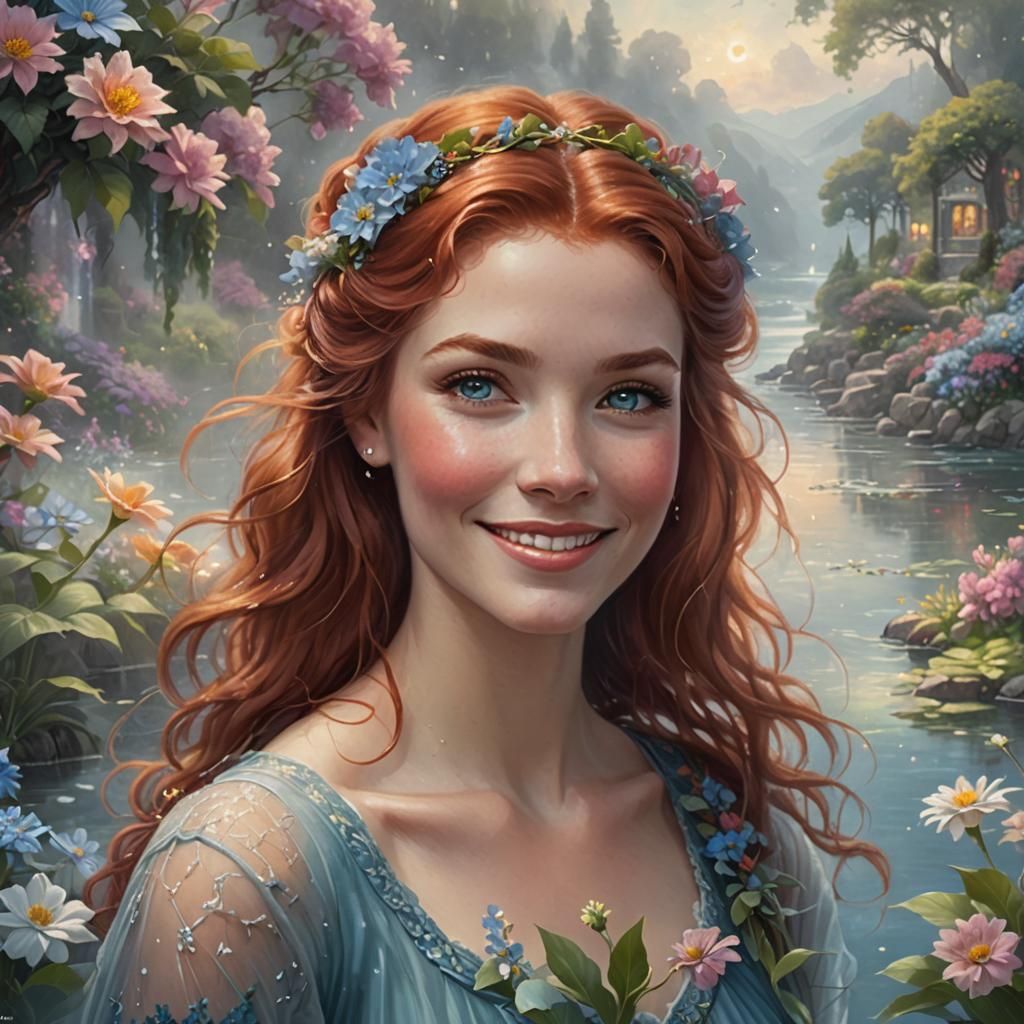 Ethereal Portrait of Redhead Woman with Floral Hairdo