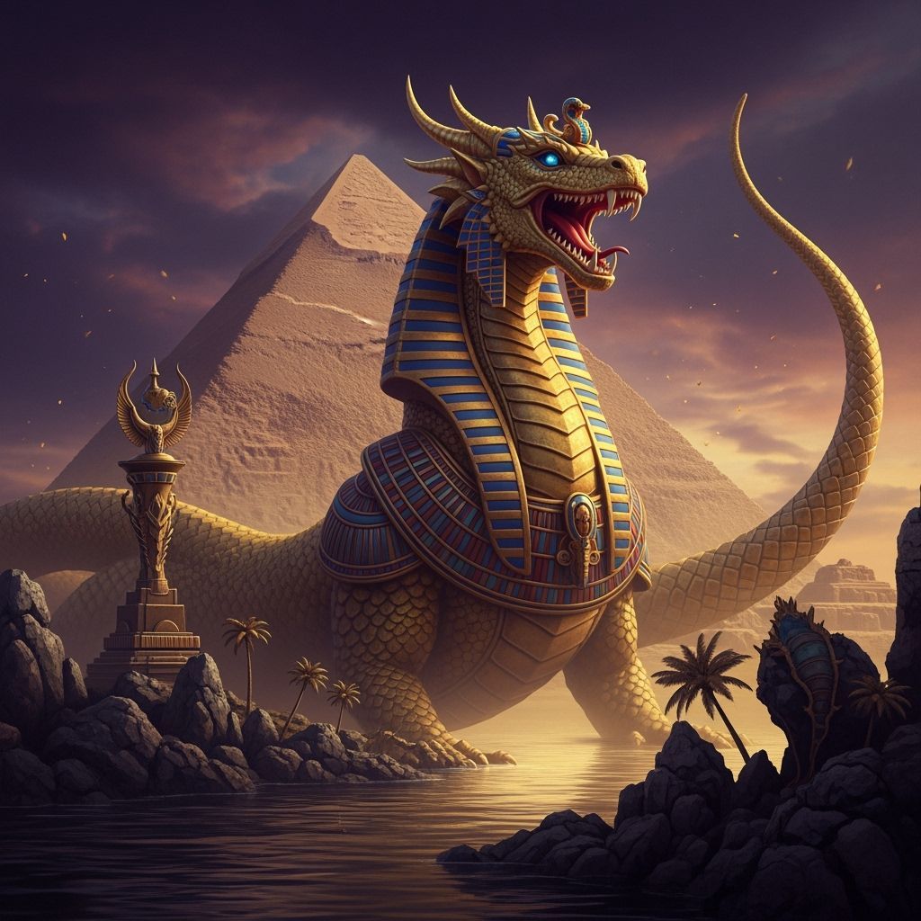 Golden Egyptian Dragon Pharaoh Beside Nile Pyramid