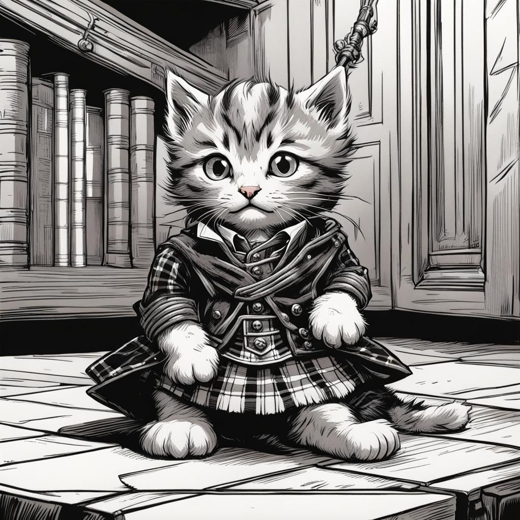 Tabby Kitten in Kilt: Tenniel-Style Black and White Drawing