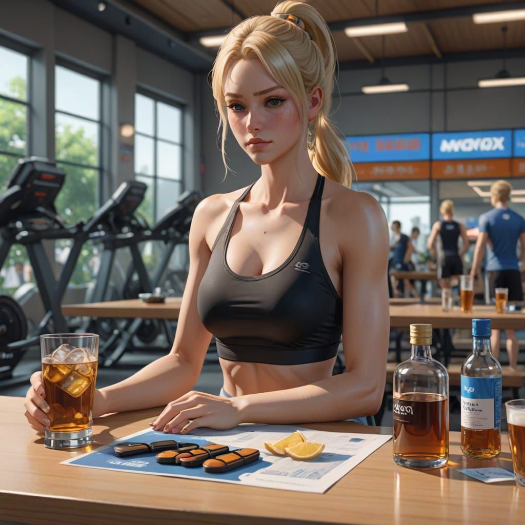 Blonde Girl With Whisky After Stressful Gym Session