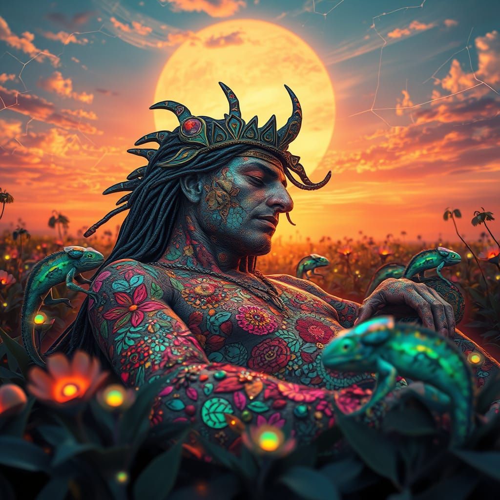 Mystical Prince in Bioluminescent Landscape, Bio-Art Collage