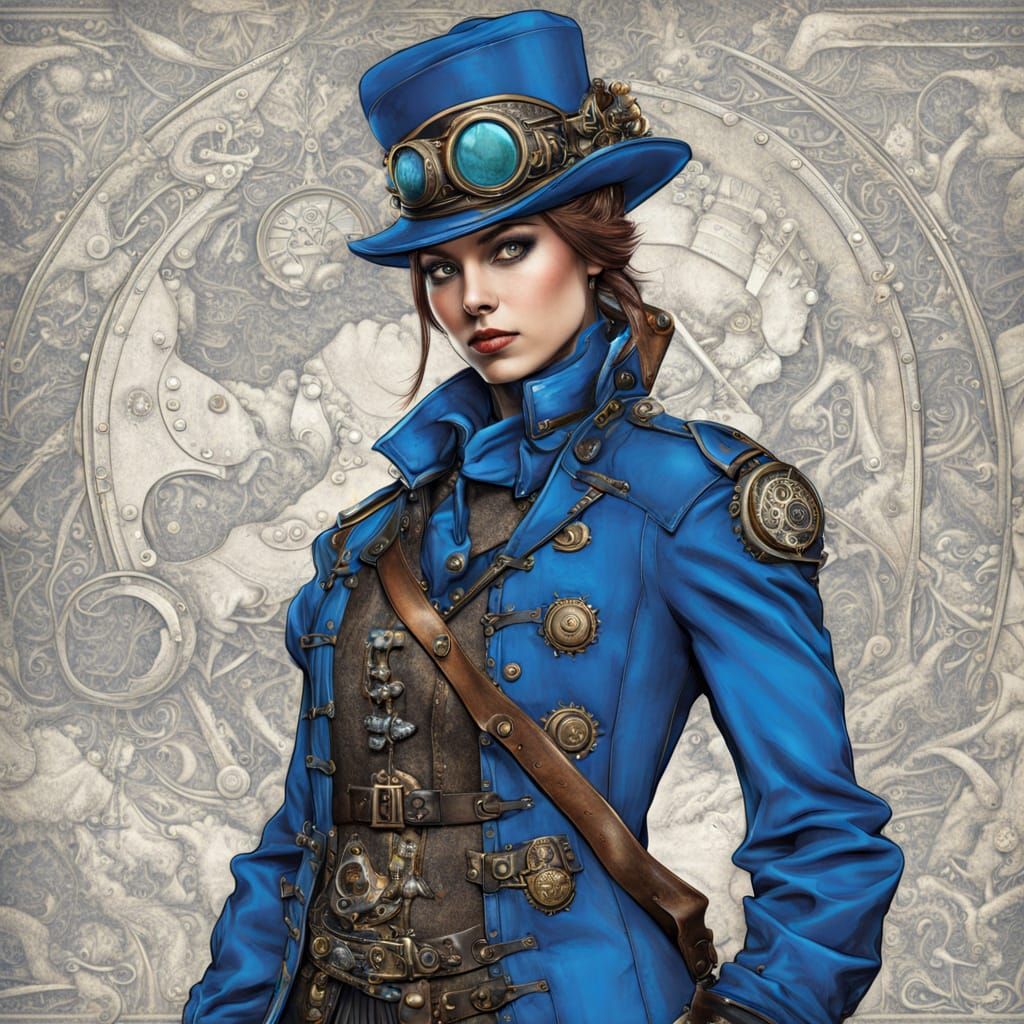 Blue Steampunk Soldier in Vintage Style