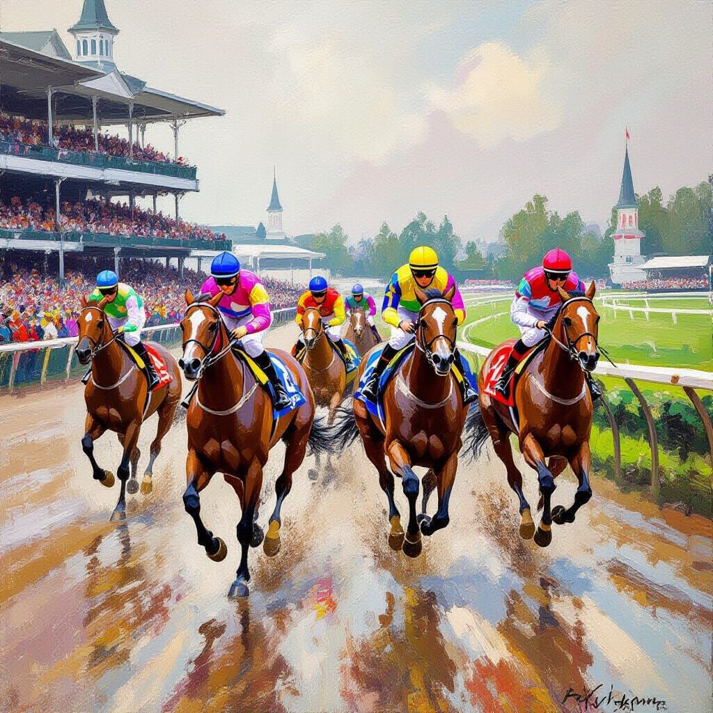 Impressionist Kentucky Derby Race in Rain and Mud