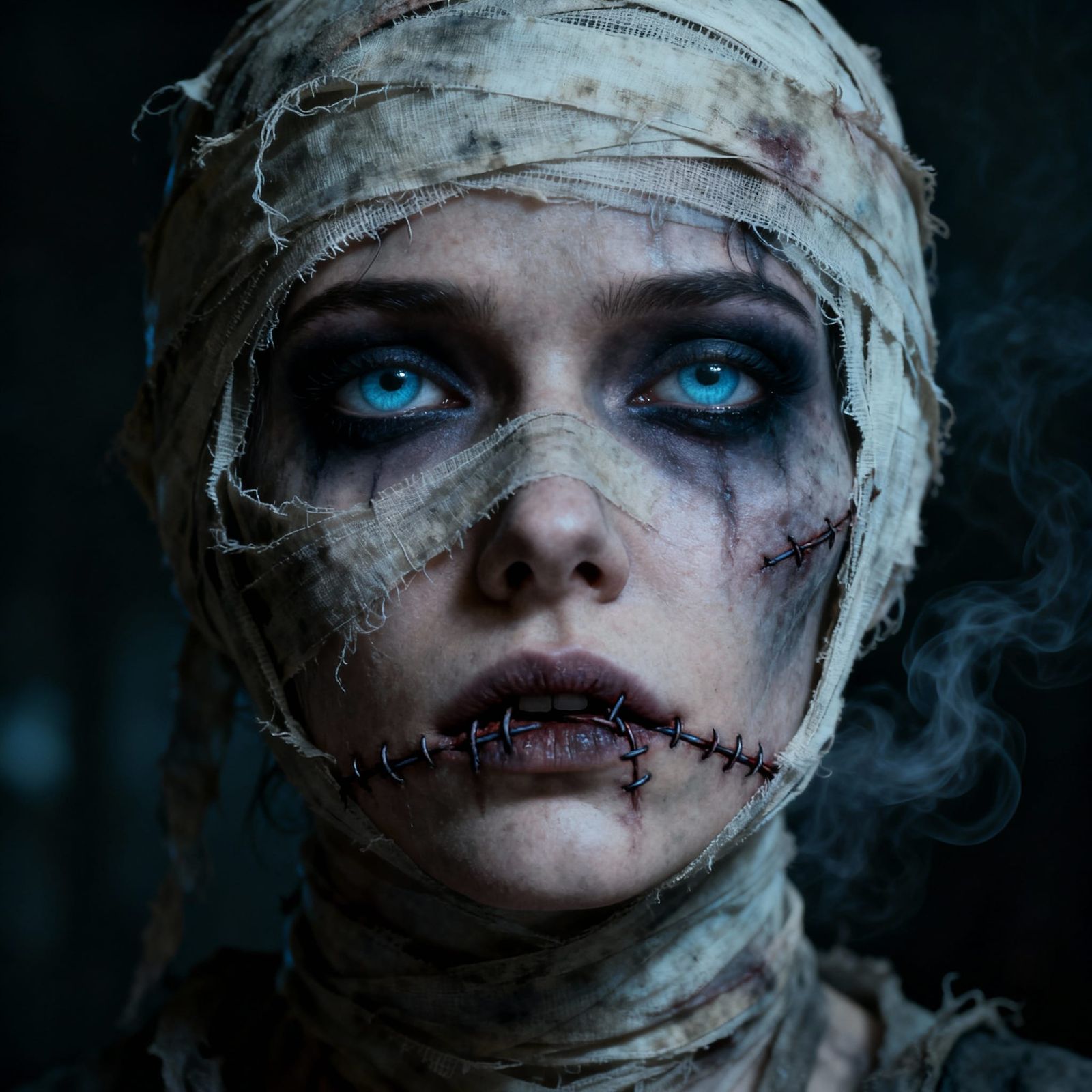 Gothic Mummy Character with Pale Blue Eyes