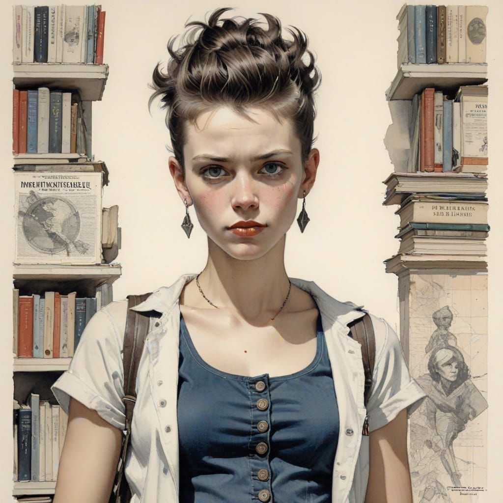 Punk Heroine in Aquarelle Style Library Scene